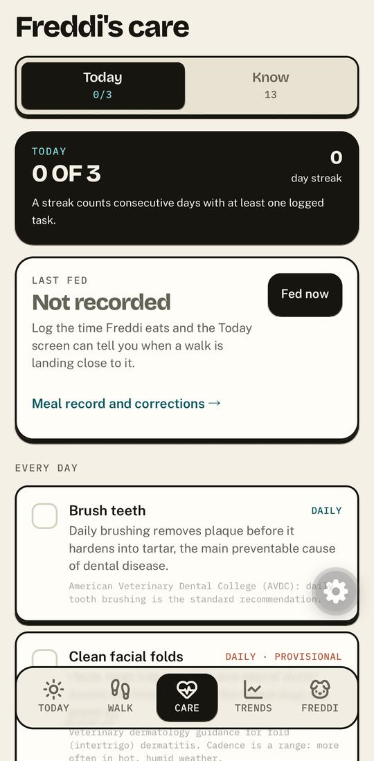 The Loppy care screen: a daily checklist with brush teeth and clean facial folds, each carrying the guidance it comes from